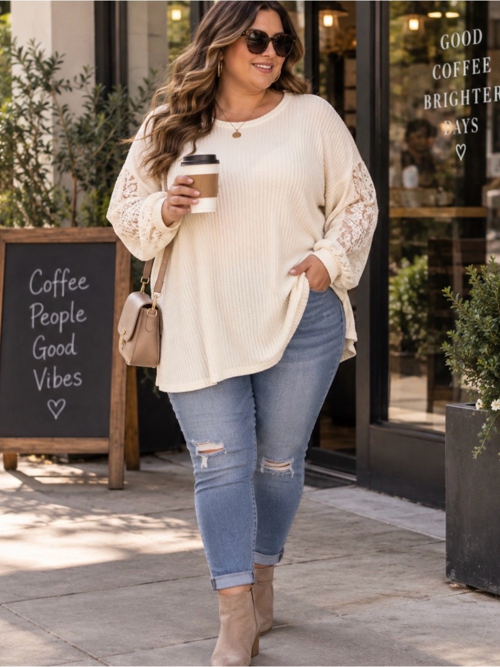 Torrid Plus Size Cream Lace-Sleeve Waffle Knit Pullover. Size 3X